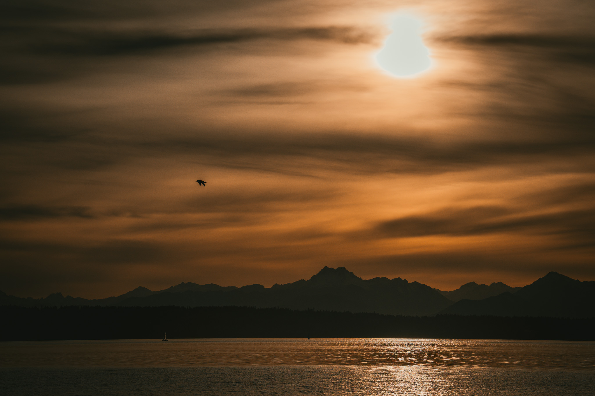 Sunset over mountain lake