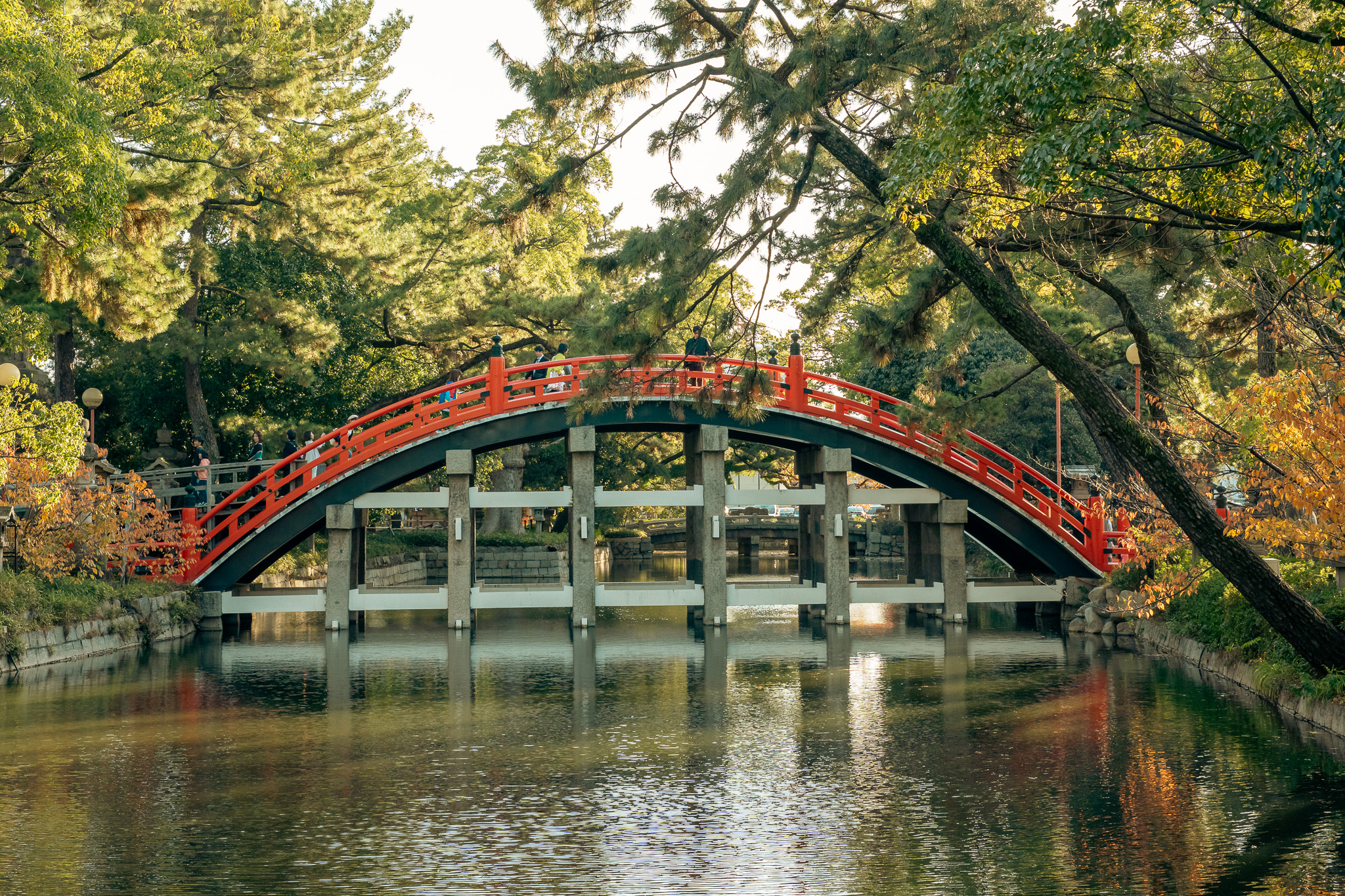 Red bridge over water